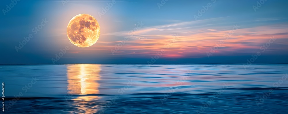 Blood moon rising over calm ocean horizon, red reflection on water surface. minimalist Blood moon rising over calm ocean horizon, red reflection on water surface. minimalist
