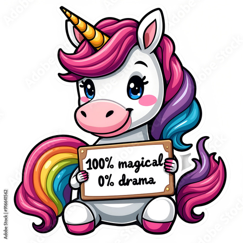 funny unicorn sticker with text on transparent background