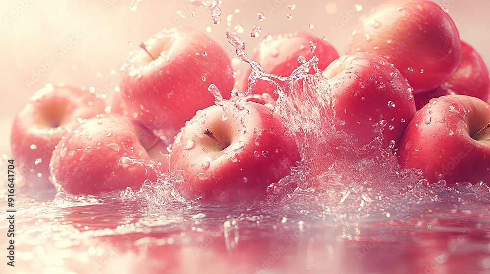 Fototapeta premium Fresh Red Apples with Water Spray Explosion on Bright Background. Surreal Realistic Liquid Dispersion of Juicy Fruits Captured in High-Resolution, Front View. Photorealistic Detail