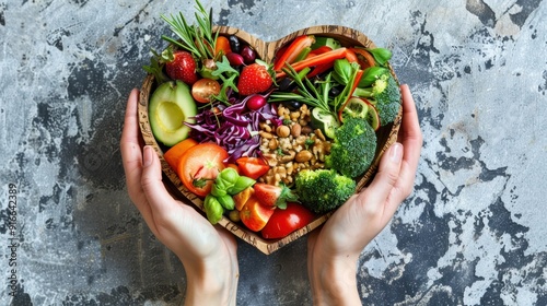 Hands holding a heart-shaped bowl filled with fresh fruits and vegetables, the sun shining brightly in the background, there are lush green plants all around conveying health and freshness