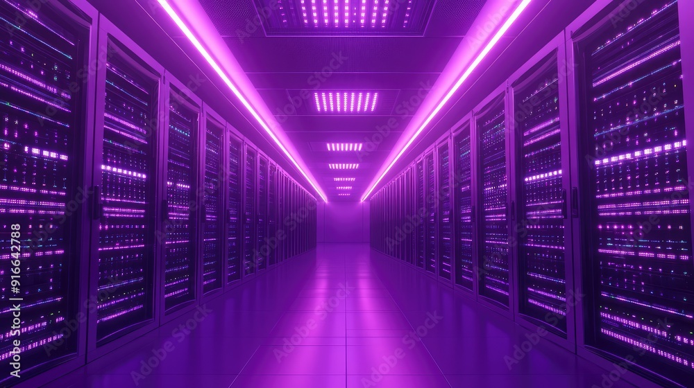 Fototapeta premium Data Center, modern hi-tech server room in purple neon colors. Ai generation