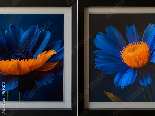 A triptych of three framed abstract floral artworks. The first frame shows a large orange flower with soft, blurred edges. The second frame depicts a dark blue flower with a soft, ethereal quality. photo