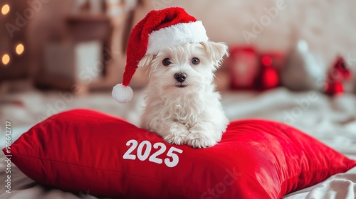 A cute Christmas hat with a puppy wearing a 