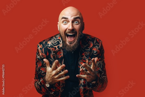 Stylish young man beard looks genuinely joyful. Close-up of charming young man beard full of vibrant energy. Celebrating joy of being unapologetically oneself. photo