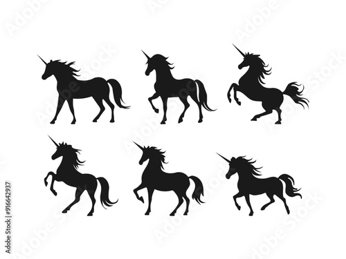 unicorn silhouette. set of unicorn silhouettes in various poses. good use for symbols, logos, icons, mascots, signs, or any design you want.