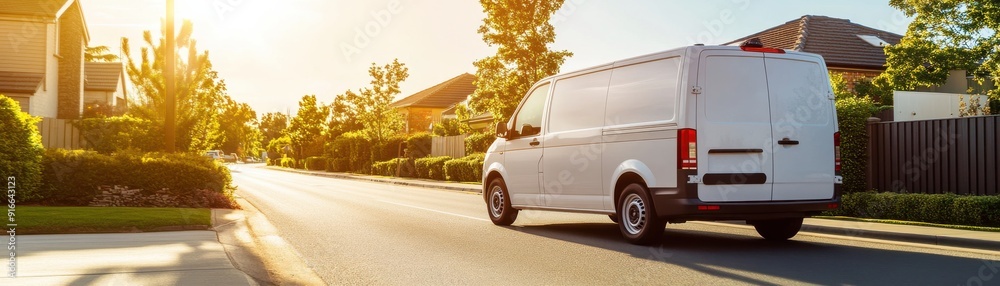 A white delivery van driving down a sunny suburban street, surrounded by green trees and modern homes. A white delivery van driving down a sunny suburban street, surrounded by green trees and modern homes.