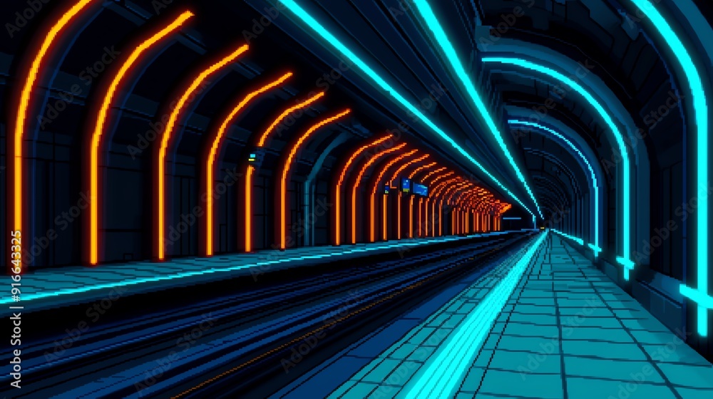 Naklejka premium Pixel art of a futuristic subway station with retro 1980s design