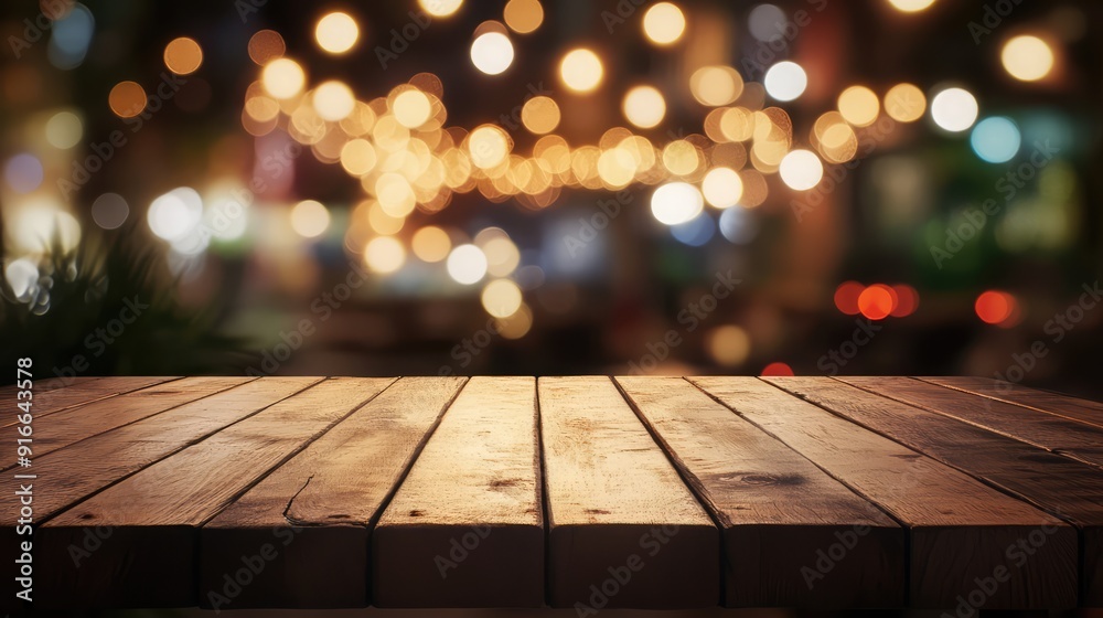 Generative AI, empty wooden tabletop with blurred lights bokeh background. Generative AI, empty wooden tabletop with blurred lights bokeh background.