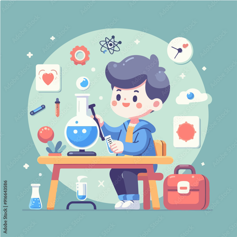 Little scientist wearing coat and doing research in laboratory. flat illustration