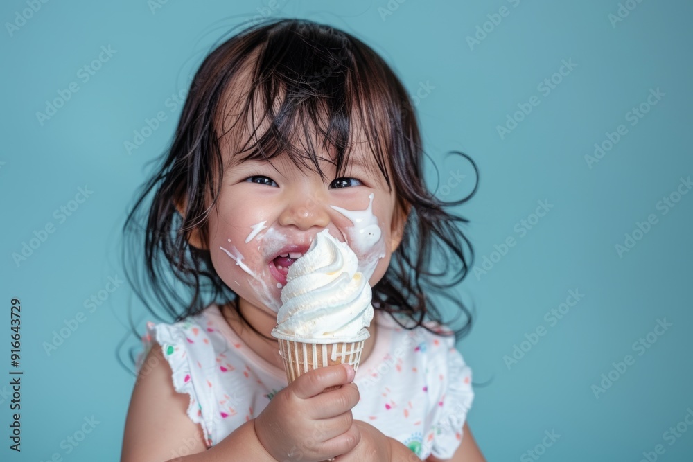 Beautiful baby girl soft expression exuding innocence. Ice cream brings laughter to this child's day. Fleeting moment of childhood captured time full of wonder and charm. Beautiful baby girl soft expression exuding innocence. Ice cream brings laughter to this child's day. Fleeting moment of childhood captured time full of wonder and charm.