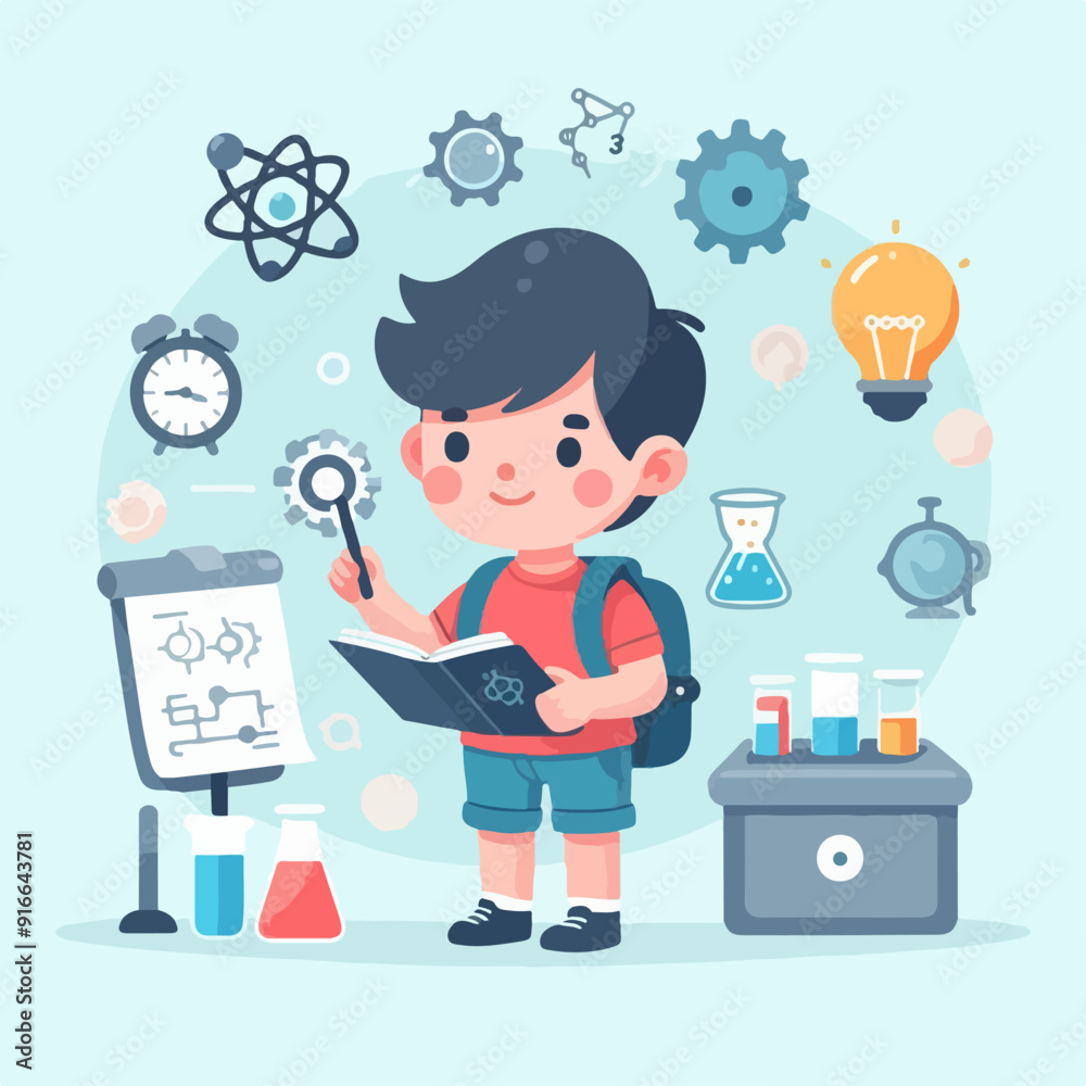 Little scientist wearing coat and doing research in laboratory. flat illustration Little scientist wearing coat and doing research in laboratory. flat illustration