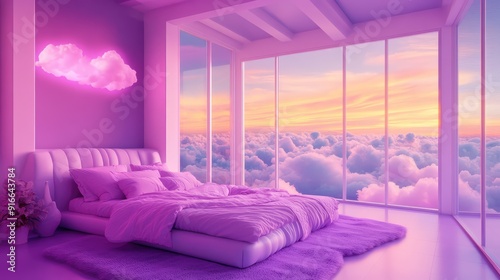 Fantasy purple lounge with generative AI, dreamy bed and beautiful view with clouds. Bedroom in calm lavender and purple colors.