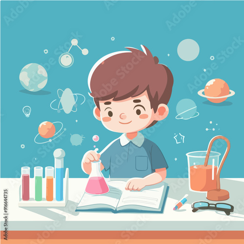 Little scientist wearing coat and doing research in laboratory. flat illustration