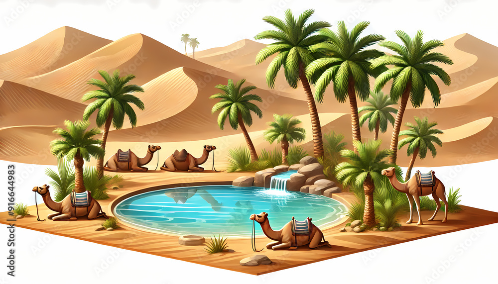 Fototapeta premium A desert scene featuring an oasis with palm trees and a small, clear water pool. Generative AI