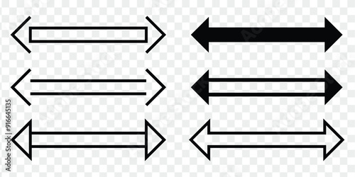 Dual sided black arrow. Horizontal dual sided long straight arrow signs. double arrow icon isolated on white background.