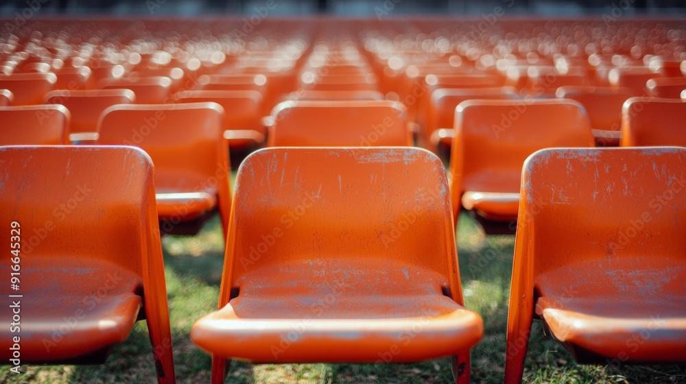 Naklejka premium Orange seats on the grandstand of the football stadium.