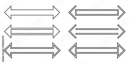 Dual sided black arrow. Horizontal dual sided long straight arrow signs. double arrow icon isolated on white background.