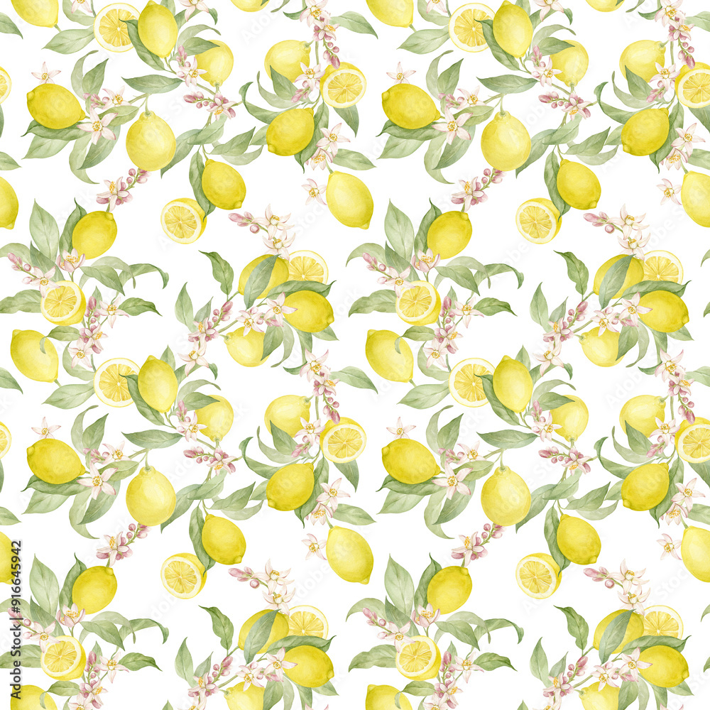 Seamless watercolor pattern with lemons and flowers. Lemon tree branches, lemon fruits and flowers in a beautiful pattern for your projects Seamless watercolor pattern with lemons and flowers. Lemon tree branches, lemon fruits and flowers in a beautiful pattern for your projects