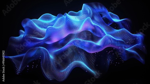 Glowing blue digital mesh on a black background, forming abstract blob shapes with dark purple edges black gradient lighting and volumetric fog