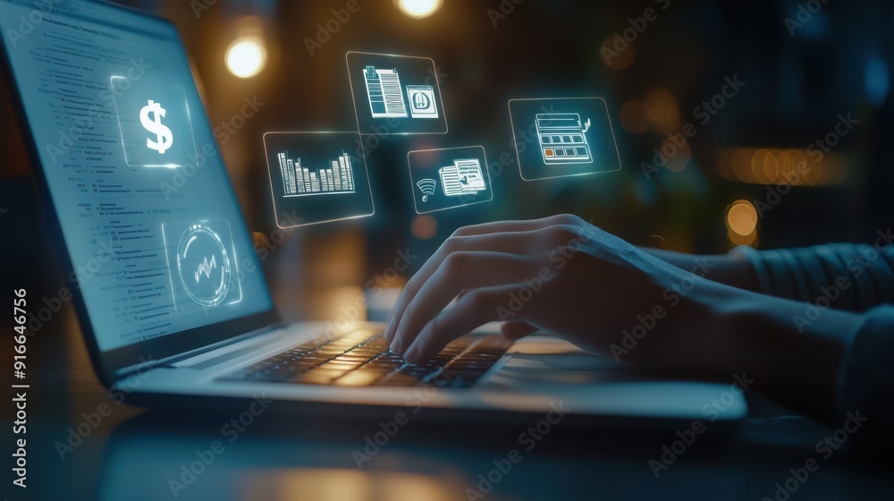 The laptop with holographic data The laptop with holographic data