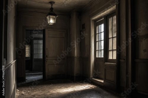 A corridor shrouded in darkness, At the end of the hall, a door appeared, slightly ajar, creaking softly as if inviting you to an unknown place. photo