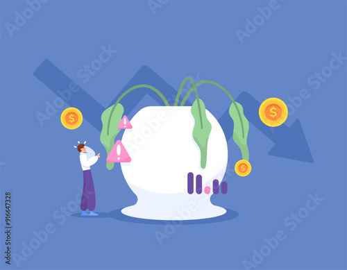 concept of failed investment and loss. experiencing failure and suffering loss in investing. problems and business. illustration of an investor with a wilted plant. flat style design. graphic elements