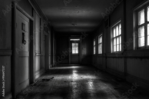 A corridor shrouded in darkness, At the end of the hall, a door appeared, slightly ajar, creaking softly as if inviting you to an unknown place. photo