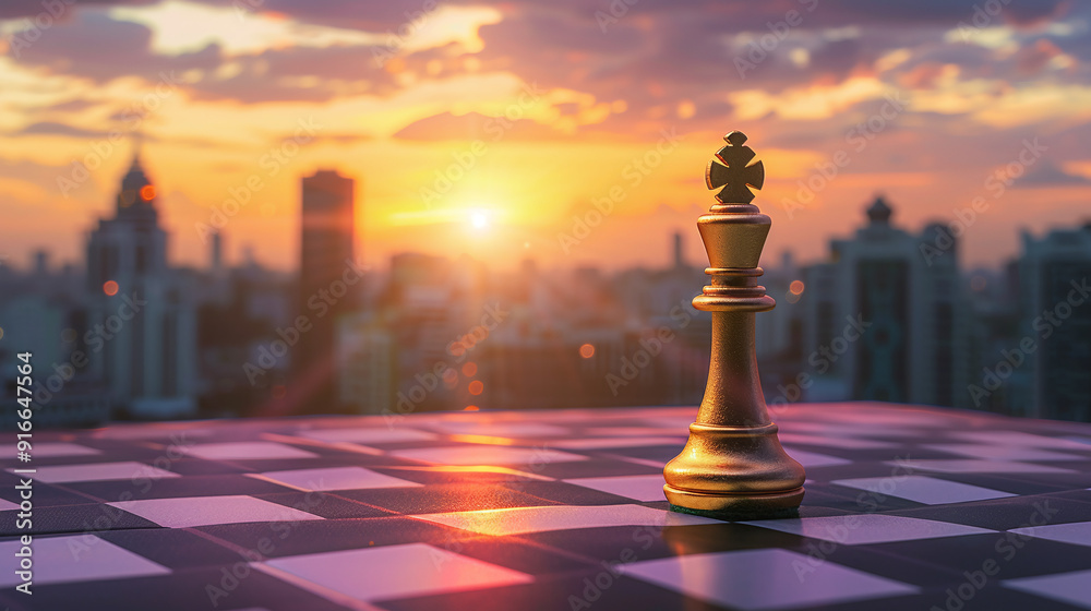 Chess king on a chessboard symbolizing the last or decisive move against the backdrop of a city skyline and sunset Chess king on a chessboard symbolizing the last or decisive move against the backdrop of a city skyline and sunset