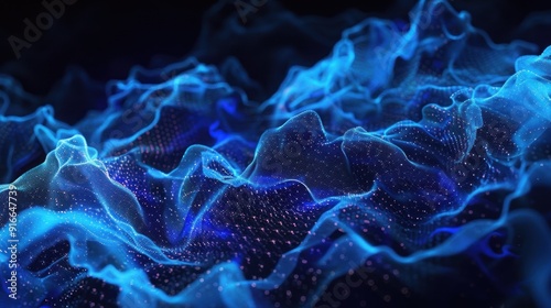 Glowing blue digital mesh on a black background, forming abstract blob shapes with dark purple edges black gradient lighting and volumetric fog