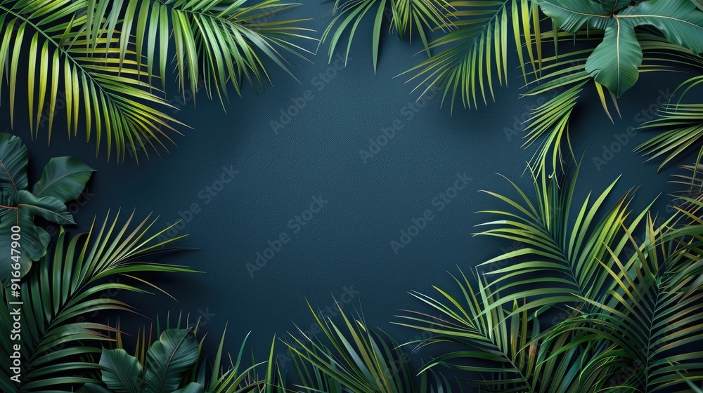 Tropical palm stripe on dark blue background Tropical palm stripe on dark blue background
