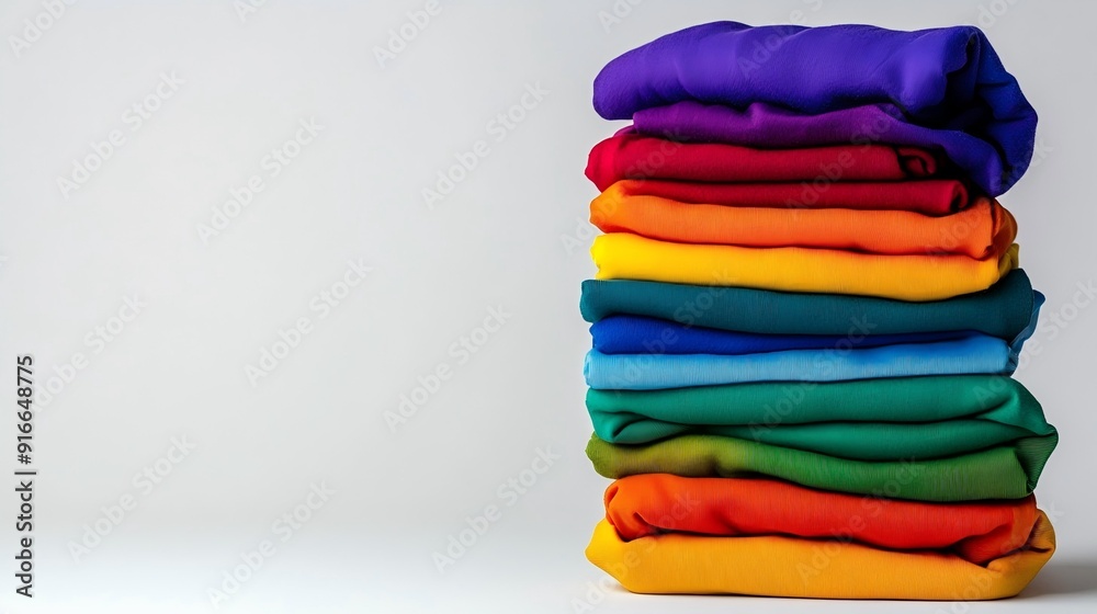 Stack of colorful cotton fabrics with bright hues on a white background, leaving empty space for creative branding Stack of colorful cotton fabrics with bright hues on a white background, leaving empty space for creative branding