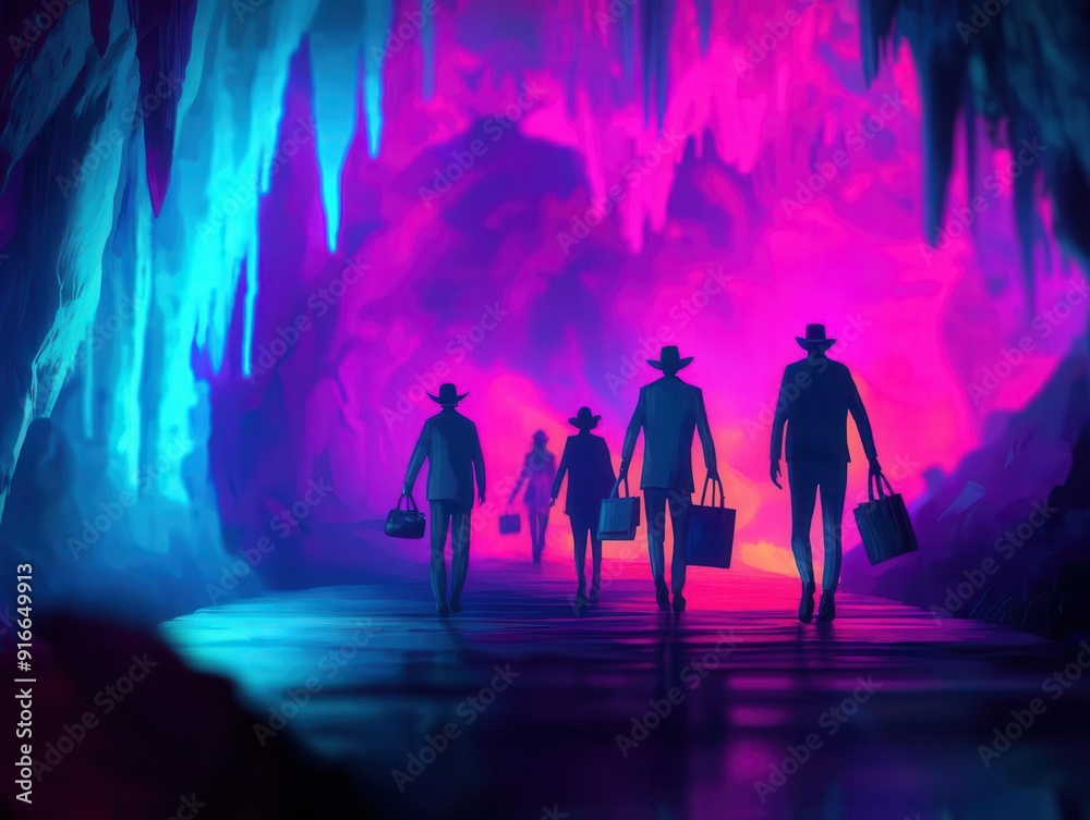 Fototapeta premium Fantasy tour group with enchanted accessories, exploring a chilling enchanted forest, glowing lights, rich colors. selective focus on foreground, copy space for text, ultra HD,