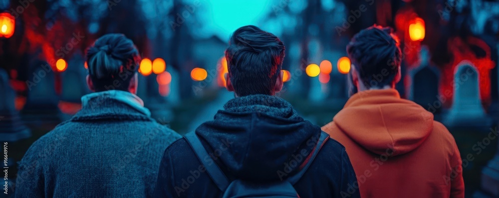 Fototapeta premium Fantasy tour group with magical accessories, feeling chills in an enchanted graveyard, mystical lighting, rich colors. selective focus on foreground, copy space for text, ultra HD,