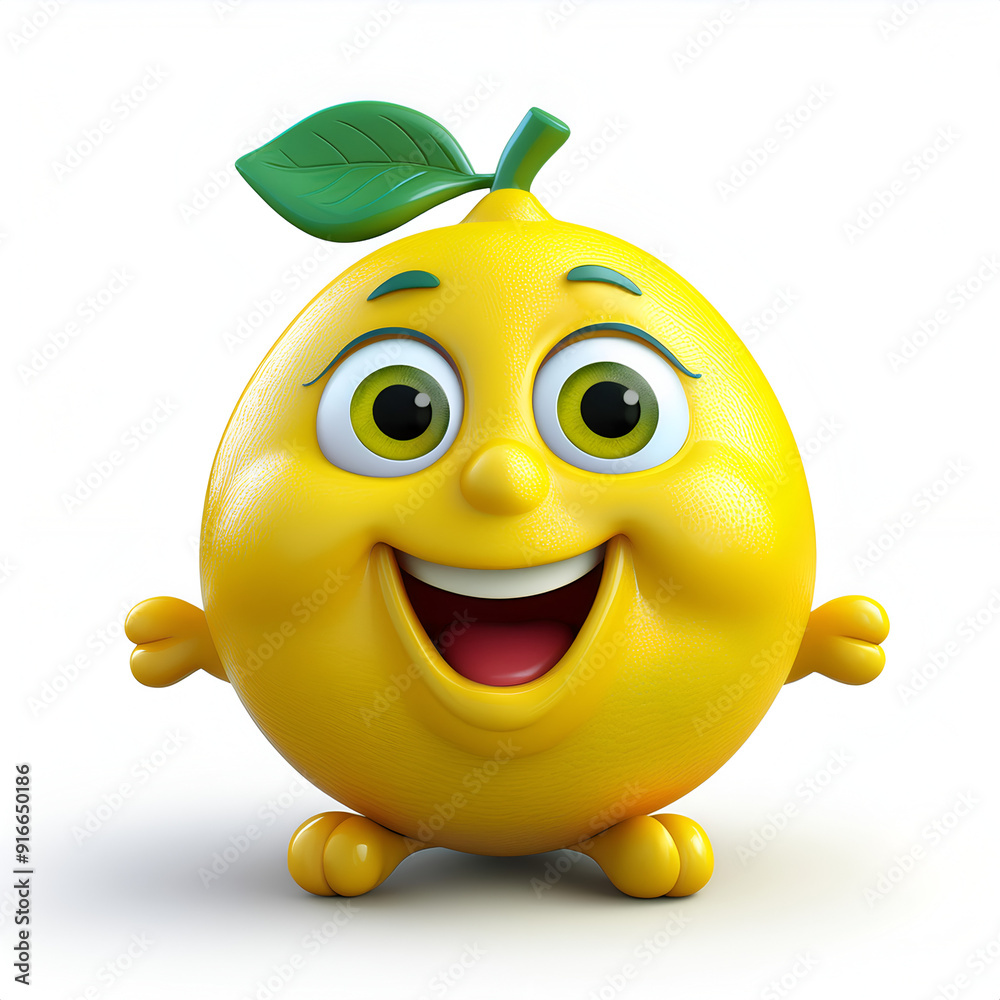 Cheerful animated lemon character with big eyes and a leaf, presenting a whimsical and friendly appearance in a bright setting Cheerful animated lemon character with big eyes and a leaf, presenting a whimsical and friendly appearance in a bright setting