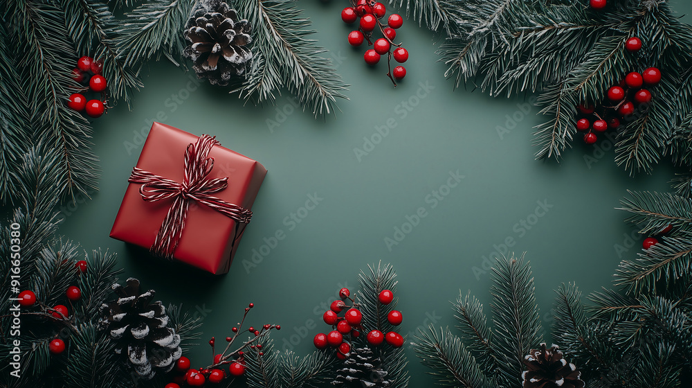 Christmas gift with pinecones and baubles on green Design Banner with Blank Copy space for Custom Advertising and Header Christmas gift with pinecones and baubles on green Design Banner with Blank Copy space for Custom Advertising and Header
