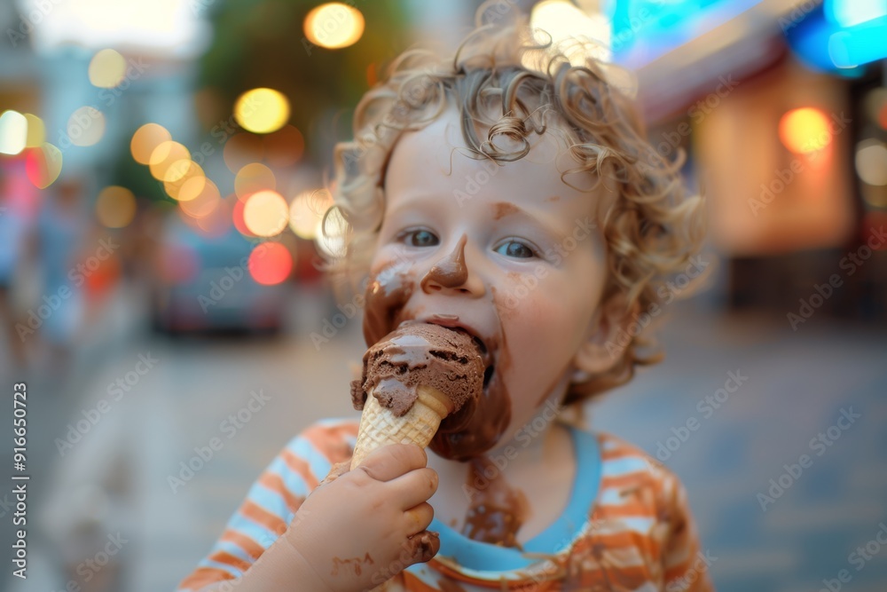 Bright-eyed baby laughs radiating tenderness and charming energy. Kid enjoys the creamy goodness of ice cream.  Innocence and curiosity intertwined playful baby smile.