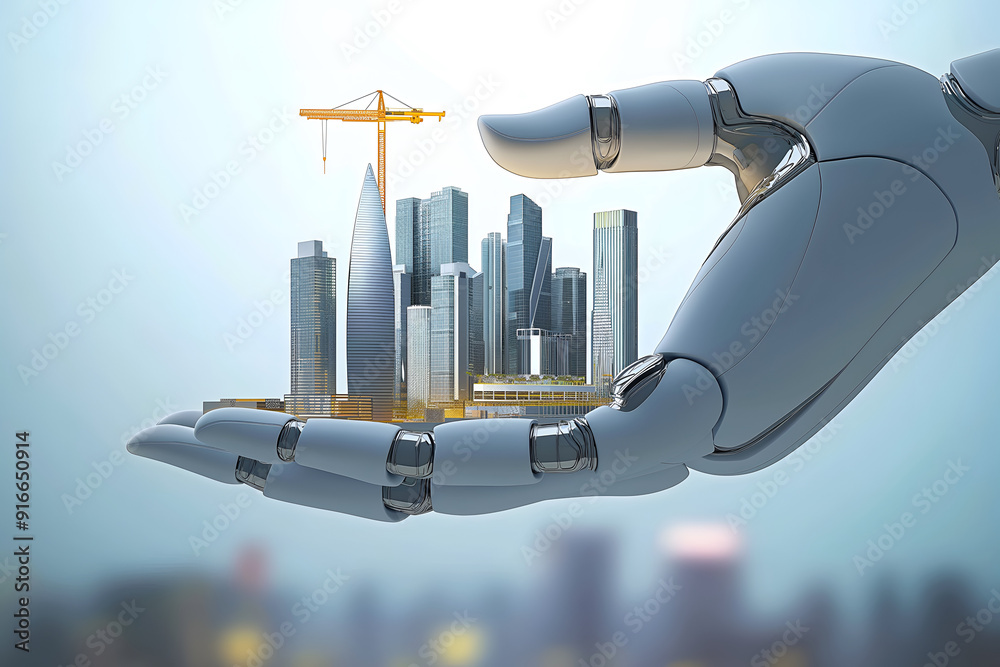 A futuristic construction site held in the hand of a robot, AI construction worker concept A futuristic construction site held in the hand of a robot, AI construction worker concept