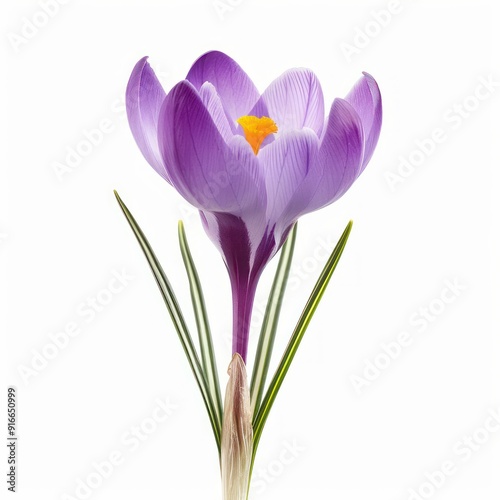 Close-up of a single purple crocus flower with yellow center and green leaves.