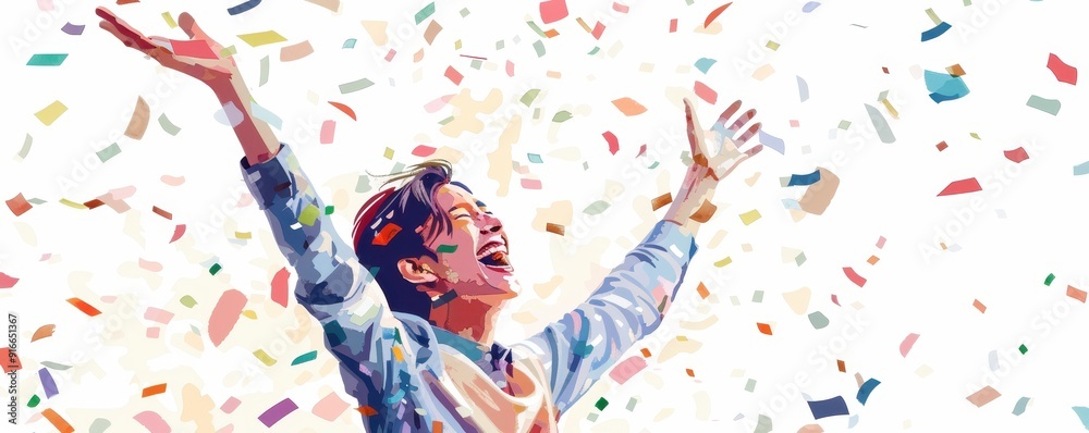 Obraz premium A joyful person celebrating amidst colorful confetti, capturing the essence of happiness and triumph in a vibrant atmosphere.