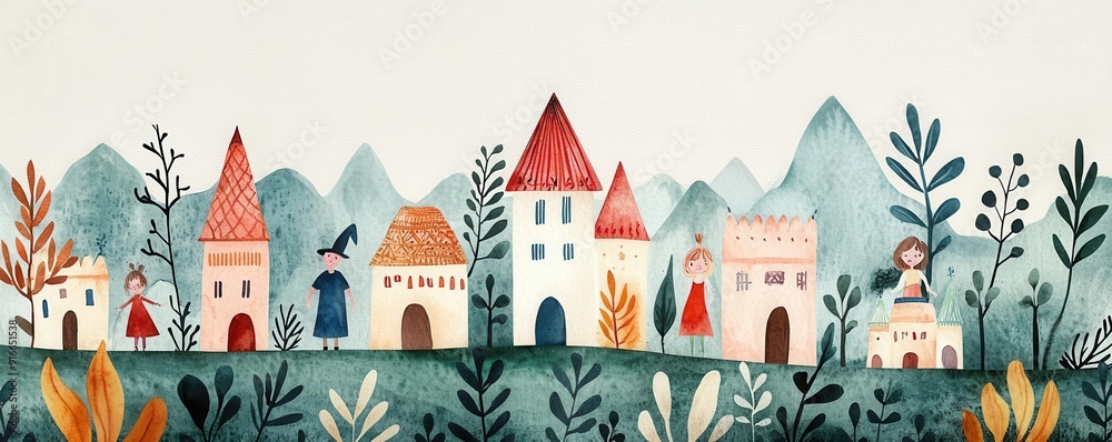 Fototapeta premium Watercolor painting of whimsical characters, soft shadows, exploring charming attractions, expressive brush strokes, warm tones