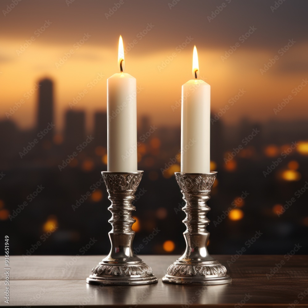 Two candles on blurred early night background, shabbat evening blessing candles, Two candles on blurred early night background, shabbat evening blessing candles,