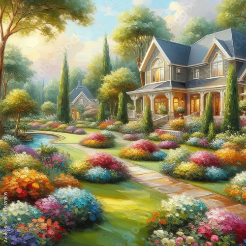 Oil painting of Landscape design with flower beds in home garden, residential house backyard