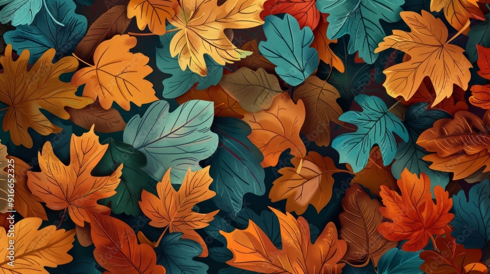 Autumn fall wallpaper. The leaves are depicted in shades of orange, brown, and teal, which are typical autumn colors Autumn fall wallpaper. The leaves are depicted in shades of orange, brown, and teal, which are typical autumn colors