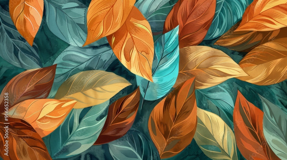 Autumn fall wallpaper. The leaves are depicted in shades of orange, brown, and teal, which are typical autumn colors Autumn fall wallpaper. The leaves are depicted in shades of orange, brown, and teal, which are typical autumn colors