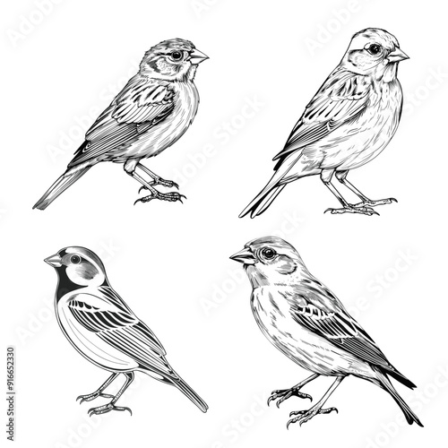 Four birds are shown in black and white, with one of them being a sparrow. The birds are all standing on branches, with one of them being on the left side of the image