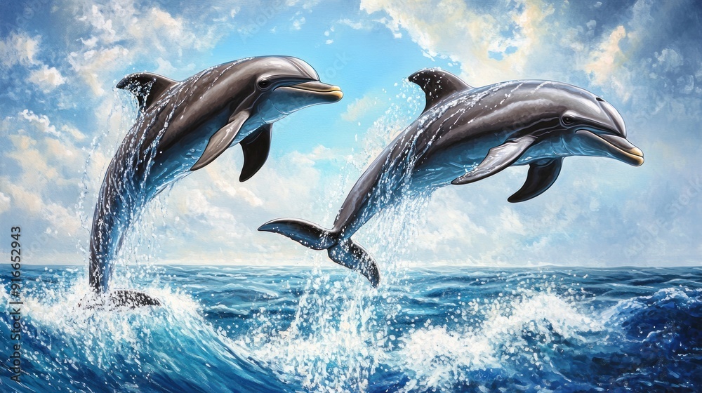 Fototapeta premium Two Dolphins Leaping Through the Air