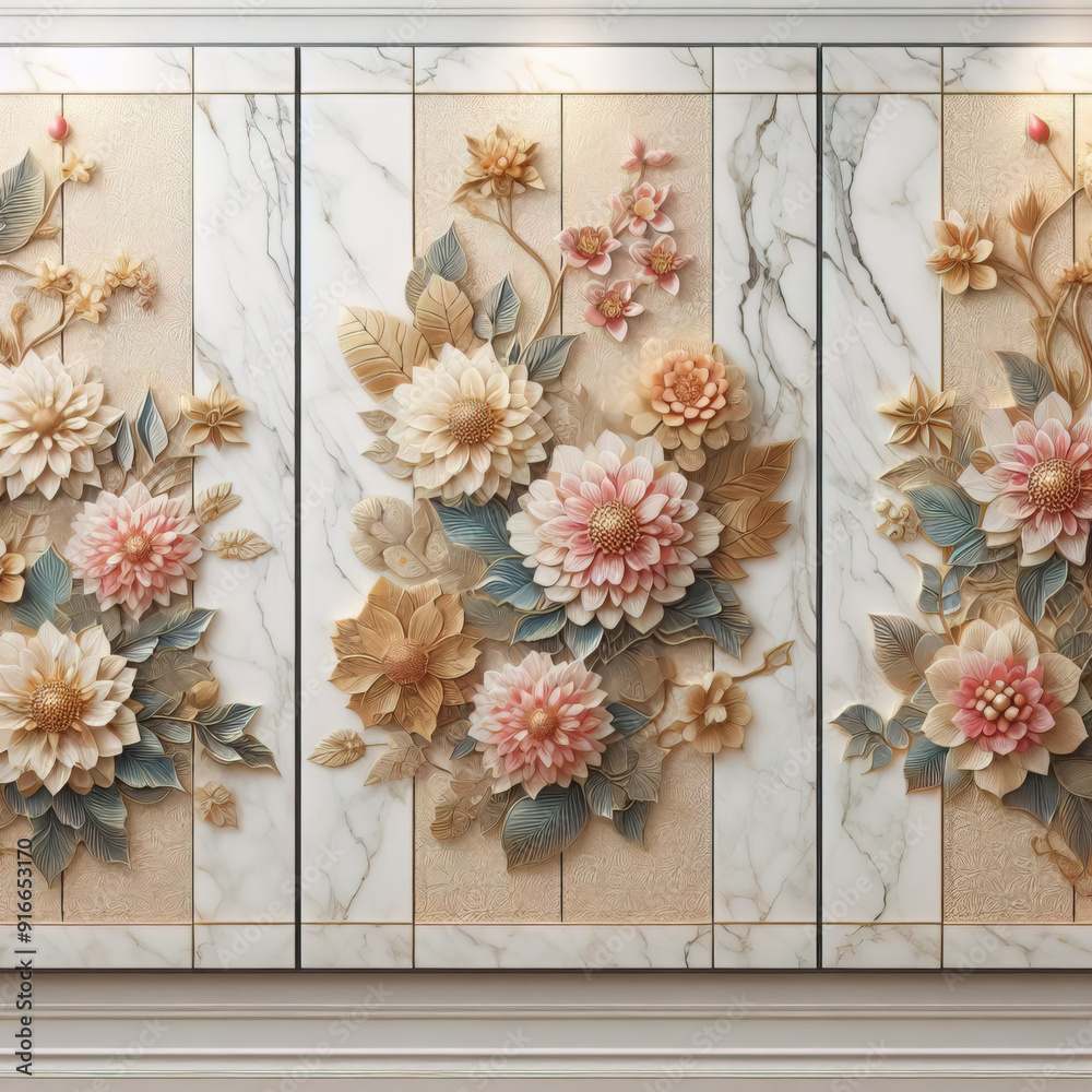 panel wall art, marble background with flower designs, wall decoration