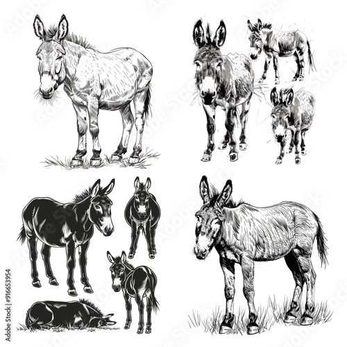 Four drawings of donkeys in different poses. The first drawing is of a donkey laying down, the second is of a donkey standing, the third is of a donkey standing with its head down