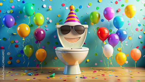 A vibrant, humorous illustration of a toilet bowl with a smiling face, wearing a party hat and sunglasses, surrounded by colorful confetti and balloons. photo