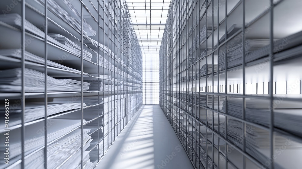 Paper sheets confined in a metal cage, contrasted against a seamless white background. Paper sheets confined in a metal cage, contrasted against a seamless white background.